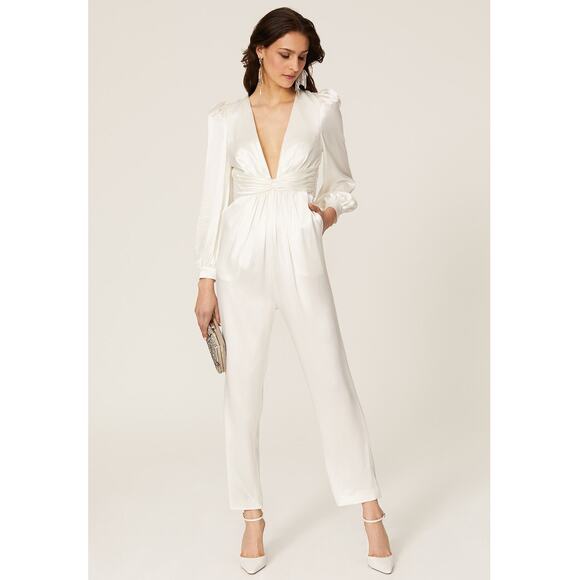 Ieena For Mac Duggal Satin Jumpsuit White V-Neck Long‎ Sleeve Sz 4